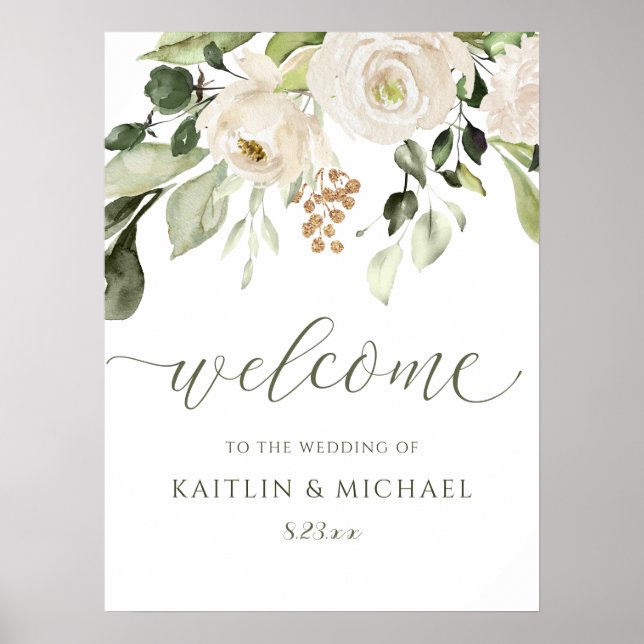 Poster Panneau de bienvenue de mariage élégant Fleur blan (Devant)