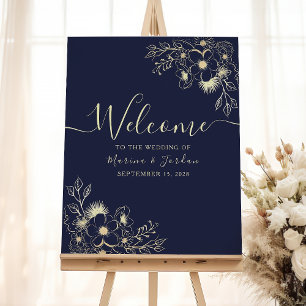 Poster Panneau de bienvenue de mariage élégant or et bleu