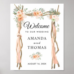 Poster Panneau de bienvenue de mariage en bois floral ros