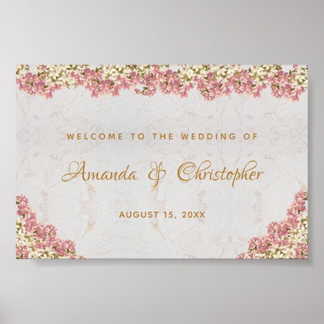 Poster Panneau de bienvenue de mariage en marbre rose flo (Devant)