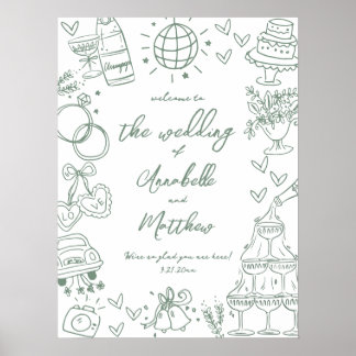 Poster Panneau de bienvenue de mariage fantaisiste vert d