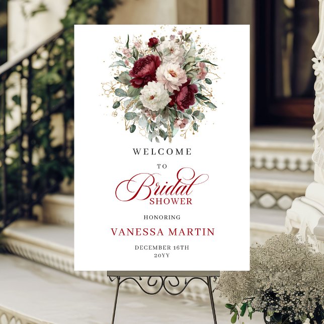 Poster Panneau de bienvenue de mariage fleurs verdure or  (Burgundy Flowers Greenery Gold Bridal Welcome Sign

)