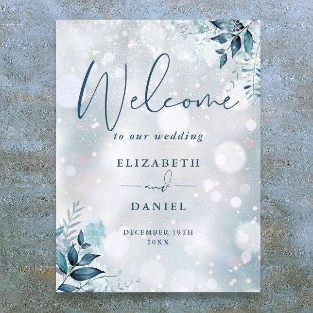Poster Panneau de bienvenue de mariage floral à flocons d (Winter Snowflakes Floral Wedding Welcome Sign)