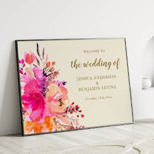 Poster Panneau de bienvenue de mariage floral aquarelle r