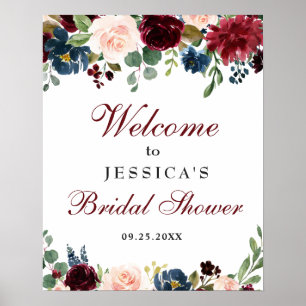 Poster Panneau de bienvenue de mariage floral bleu marine