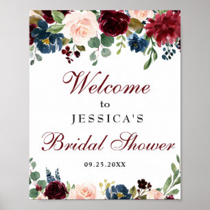 Poster Panneau de bienvenue de mariage floral bleu marine