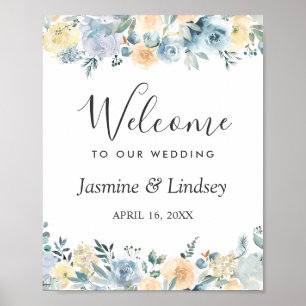 Poster Panneau de bienvenue de mariage floral bleu vanill