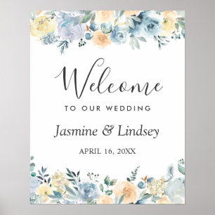 Poster Panneau de bienvenue de mariage floral bleu vanill