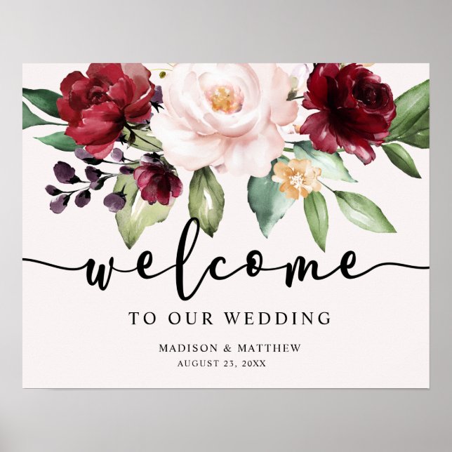 Poster Panneau de bienvenue de mariage floral bordeaux ro (Devant)