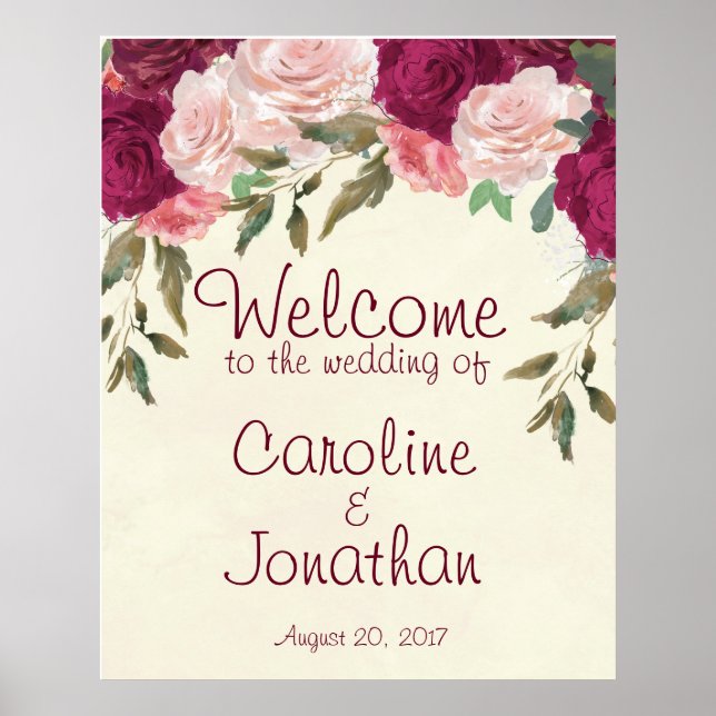 Poster Panneau de bienvenue de mariage floral bordeaux ro (Devant)