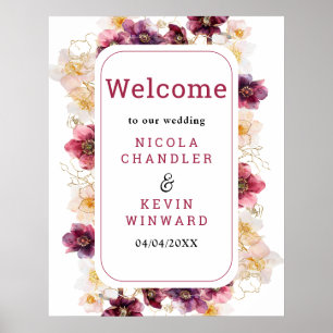 Poster Panneau de bienvenue de mariage floral burgundy à