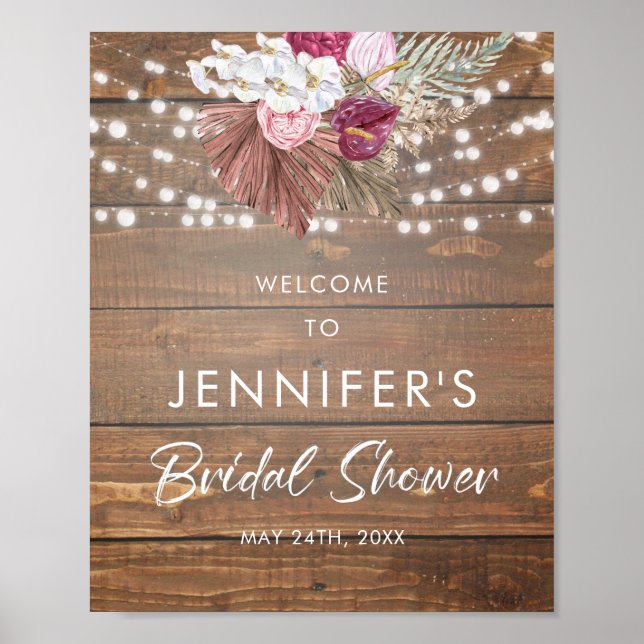 Poster Panneau de bienvenue de mariage floral en bois rus (Devant)