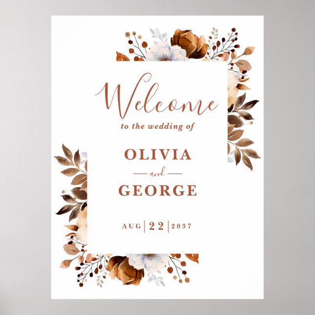 Poster Panneau de bienvenue de mariage floral en terracot (Devant)