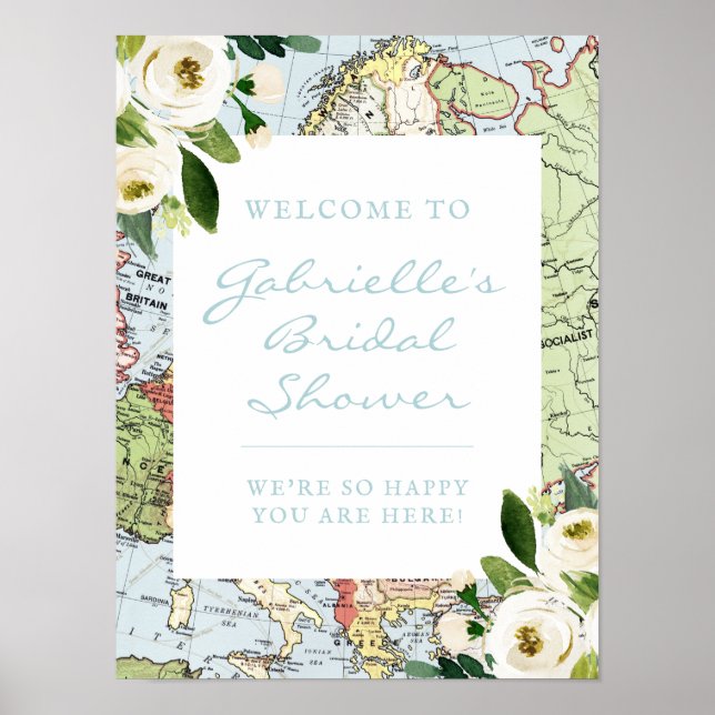 Poster Panneau de bienvenue de mariage Floral Map Travel  (Devant)