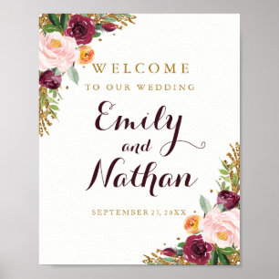Poster Panneau de Bienvenue de Mariage Floral Pailleté Bo