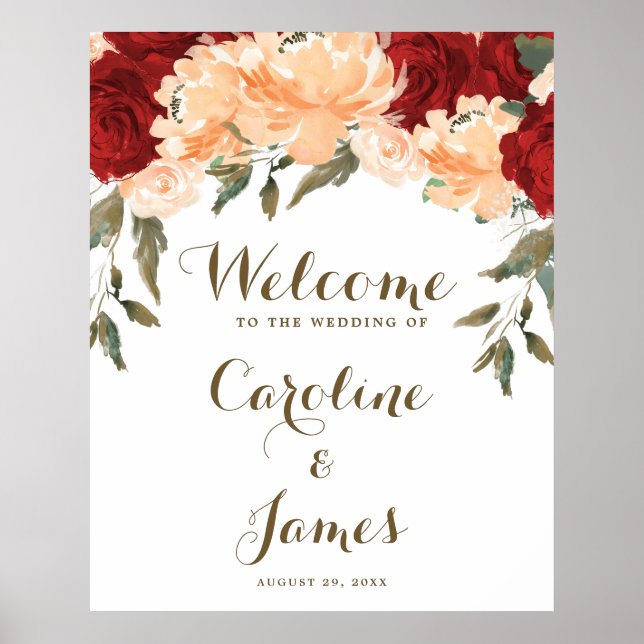 Poster Panneau de bienvenue de mariage floral pêche rouge (Devant)