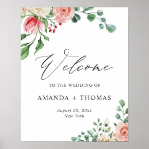 Poster Panneau de bienvenue de mariage floral rose aquare