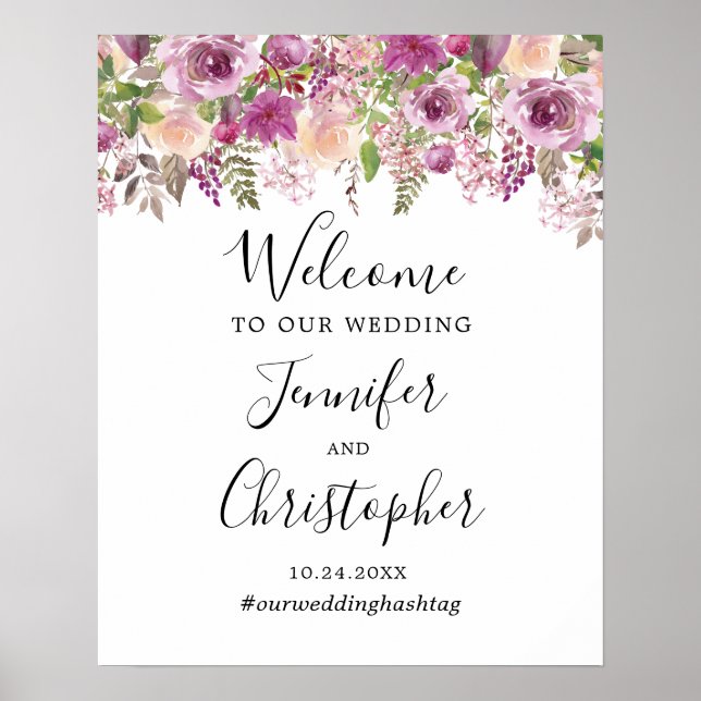 Poster Panneau de bienvenue de mariage floral violet pour (Devant)