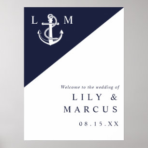 Poster Panneau de bienvenue de mariage nautique bleu mari