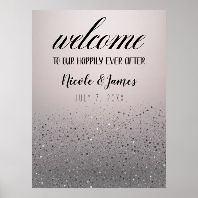 Poster Panneau de bienvenue de mariage pailleté argent ro (Devant)