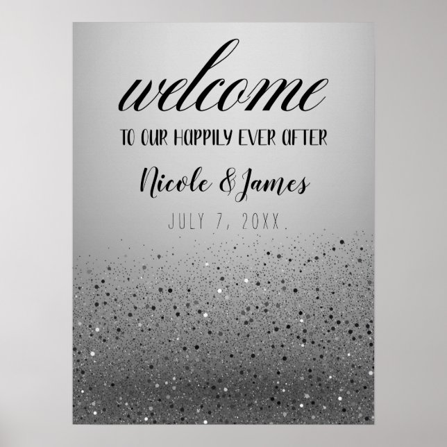 Poster Panneau de bienvenue de mariage pailleté argenté b (Devant)