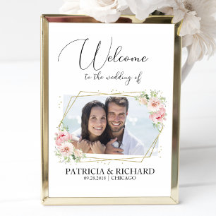 Poster Panneau de bienvenue de mariage photo floral rose