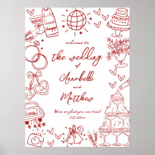 Poster Panneau de bienvenue de mariage rouge fantaisiste 