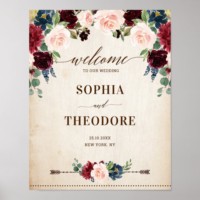 Poster Panneau de bienvenue de mariage rustique aux fleur (Devant)