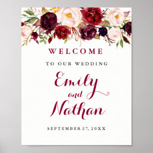 Poster Panneau de bienvenue de mariage rustique bordeaux