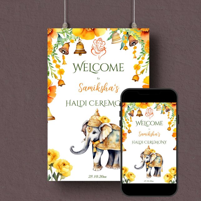 Poster Panneau de bienvenue des éléphants mariages indien (Indian wedding elephant Haldi welcome sign editable template poster digital download yellow flowers)