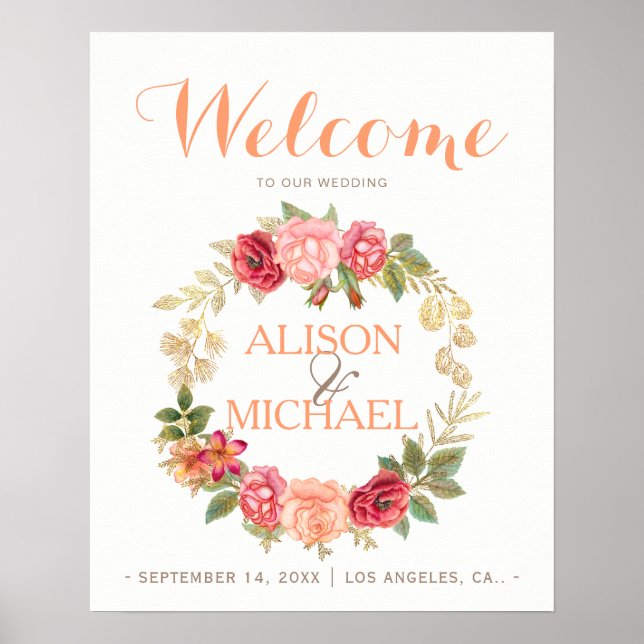 Poster Panneau de bienvenue des roses mariage en or rose  (Devant)