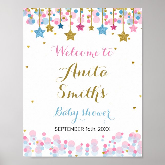 Poster Panneau de bienvenue du baby shower Blue Twinkle T (Devant)