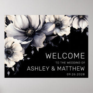 Poster Panneau de Bienvenue Élégant Noir Blanc Floral de 