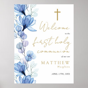 Poster Panneau de bienvenue en fleurs bleues pour la prem