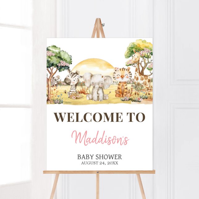 Poster Panneau de bienvenue Fille Fleur Jungle Safari Ani (Girl Safari Animals Baby Shower Welcome Sign)