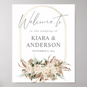 Poster Panneau de bienvenue floral beige bohème bohémien