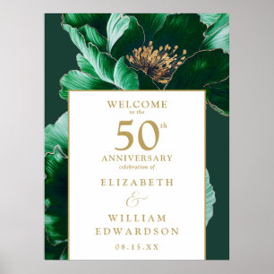 Poster Panneau de bienvenue floral vert or 50e anniversai