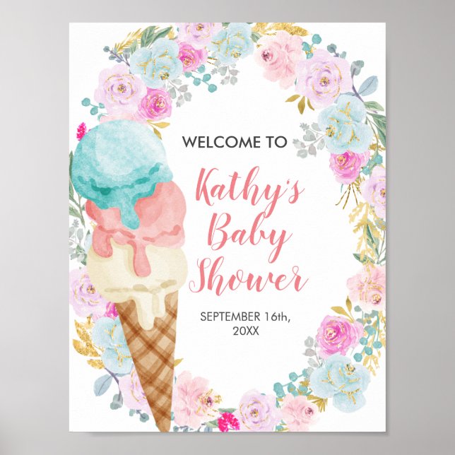 Poster Panneau de bienvenue Glace Fleurs pastel (Devant)