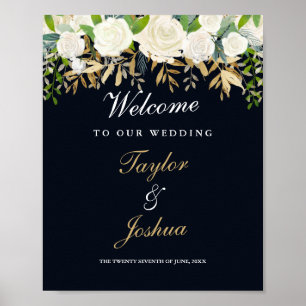 Poster Panneau de bienvenue mariage bleu marine or floral