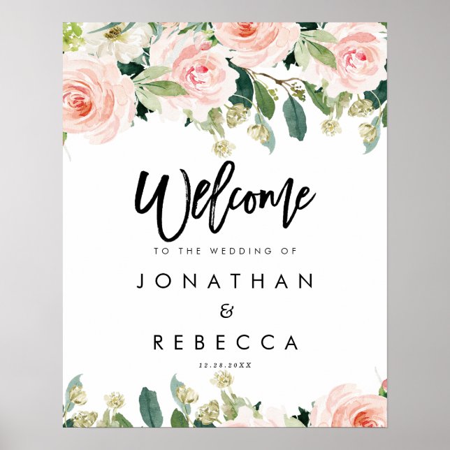 Poster panneau de bienvenue mariage fleurs roses blush (Devant)