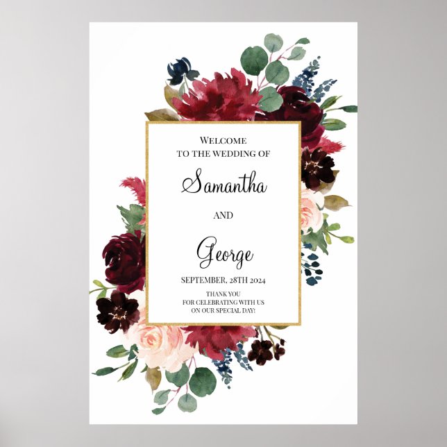 Poster Panneau de bienvenue mariage floral bleu bordeaux (Devant)