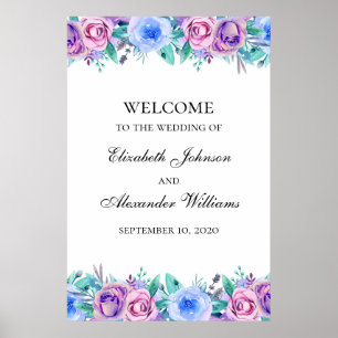 Poster Panneau de bienvenue mariage floral. Bleu et viole