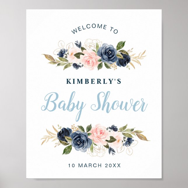 Poster Panneau de bienvenue Marine et baby shower floral  (Devant)