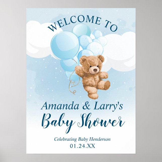 Poster Panneau de bienvenue Ourson avec ballons bleus (Devant)