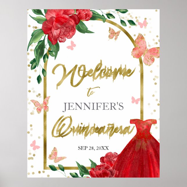 Poster Panneau de bienvenue Papillons de Quinceanera Robe (Devant)