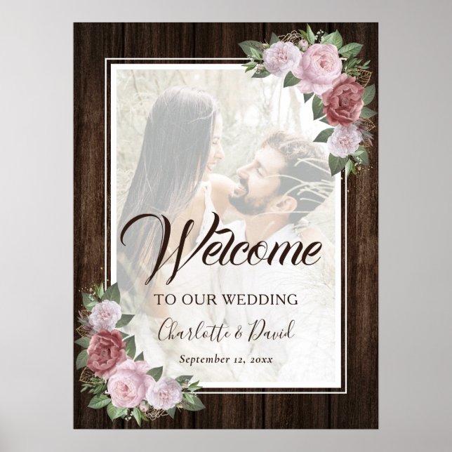 Poster Panneau de bienvenue photo floral en bois rustique (Devant)