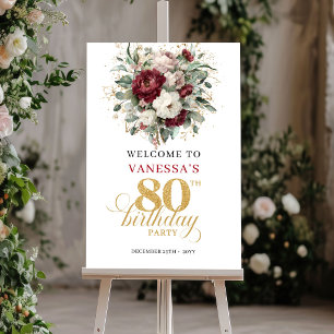 Poster Panneau de bienvenue pour 80 ans avec fleurs éléga