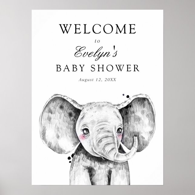 Poster Panneau de Bienvenue pour Baby Shower Éléphant (Devant)