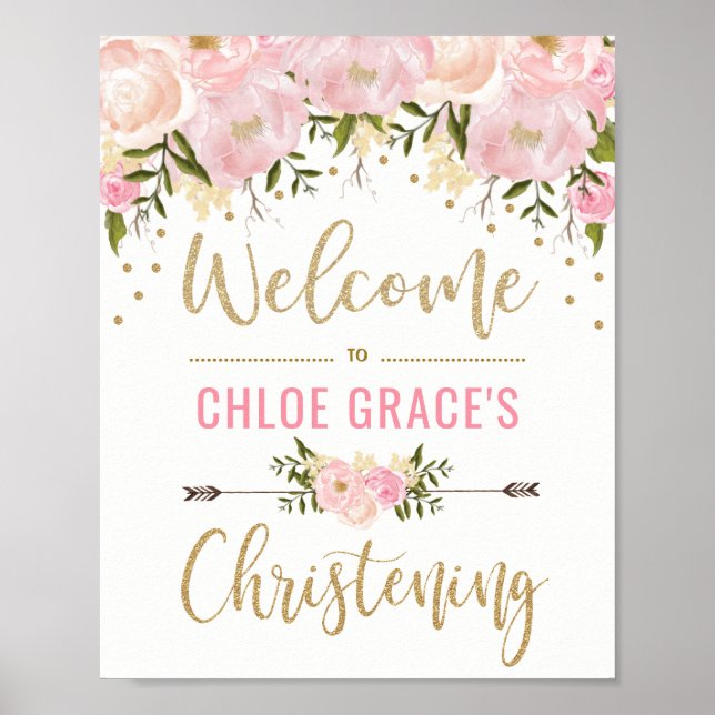 Poster Panneau de bienvenue pour baptême floral rose past (Devant)
