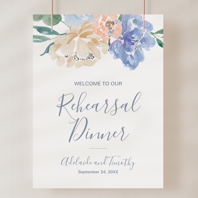 Poster Panneau de bienvenue pour dîner de répétition de f (Dusty Blue Florals Rehearsal Dinner Welcome Sign)